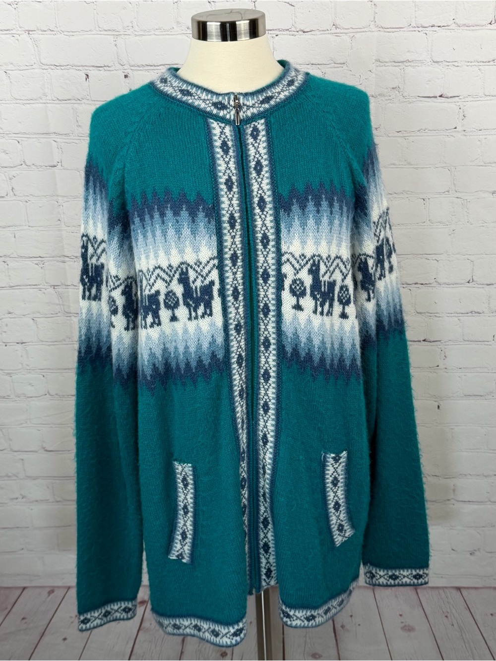 Alpaca Connection Teal Fair Isle Zip-Front Women's Cardigan Sweater XXL Hygge